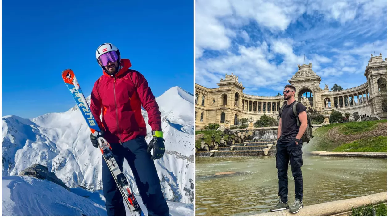 Răzvan Arănut, în echipament de schi, roșu, în partea din stânga și îmbrăcat în negru, în partea dreaptă. În poza din partea stângă, bărbatul este la munte, unde este zăpadă.
