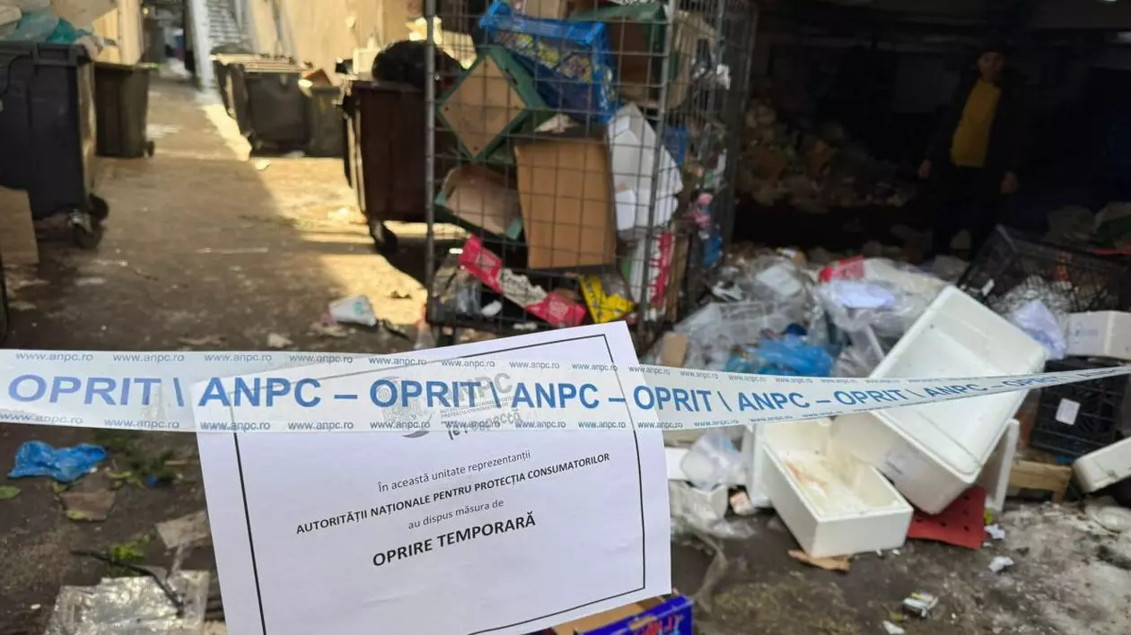O zonă dintr-un restaurant care a fost închis de Protecția Consumatorului și pe care este pus un anunț privind oprirea temporară de la funcționare, iar în jur se văd gunoaie. Foto: Facebook/ANPC