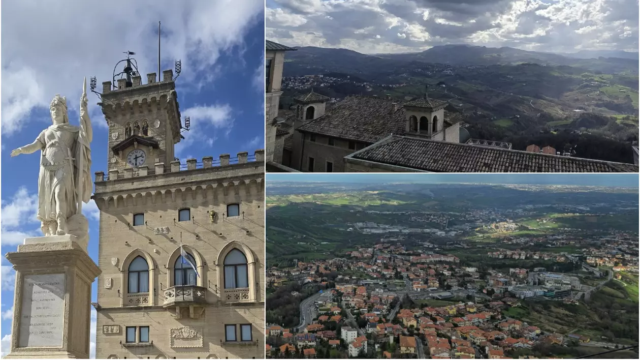 In stanga, o cladire si o statuie. In dreapta, peisaje vazute de sus cu San Marino.