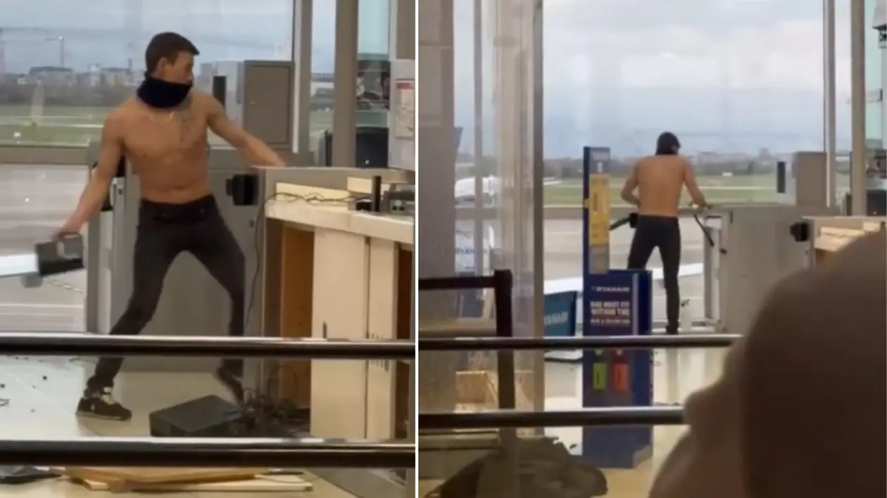 bărbat la bustul gol care sparge obiecte în aeroportul din Dublin