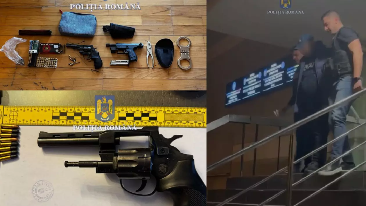 în dreapta mai multe arme și cartușe, în stânga un bărbat este retinut de politisti