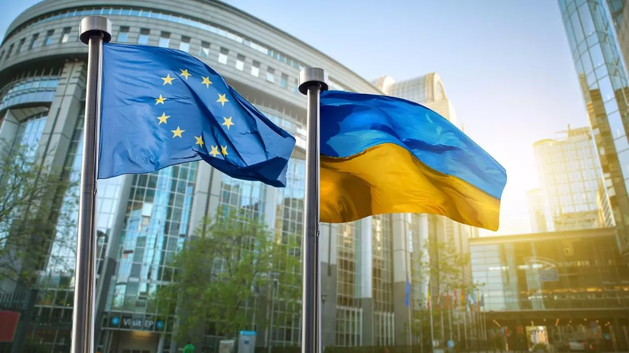 Steagurile Ucrainei și Uniunii Europene la Bruxelles