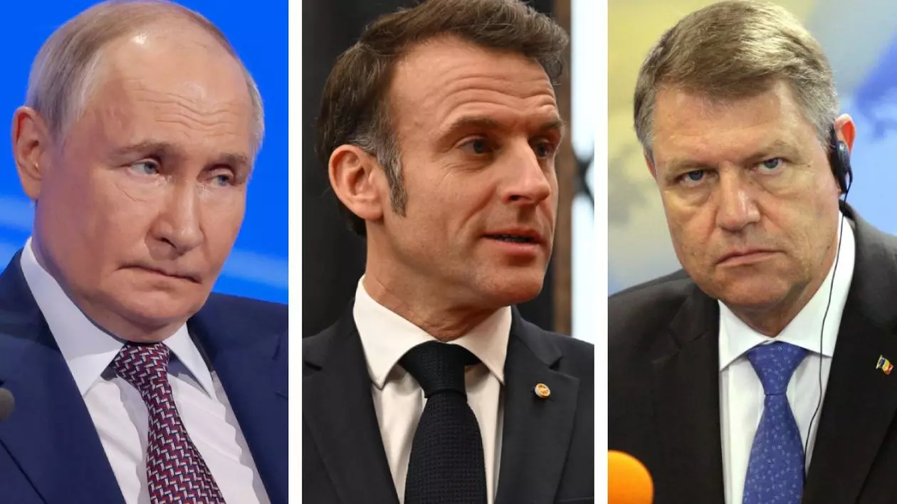 Vladimir Putin, stânga, Emanuel Macron, mijloc și Klaus Iohannis dreapta