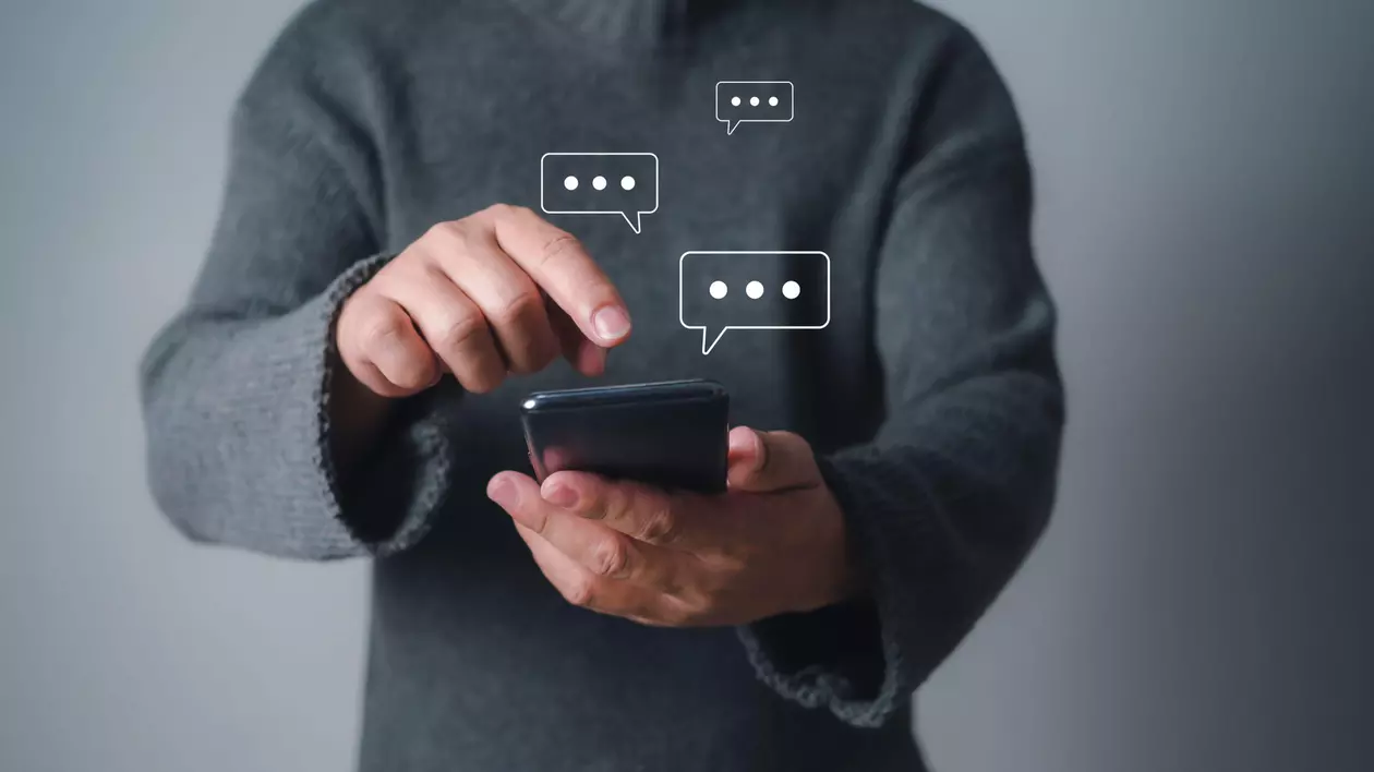 A Man using smartphone typing live chat chatting on application communication digital web and social network concept, Social media application chat box.,Image: 874287362, License: Royalty-free, Restrictions: , Model Release: yes