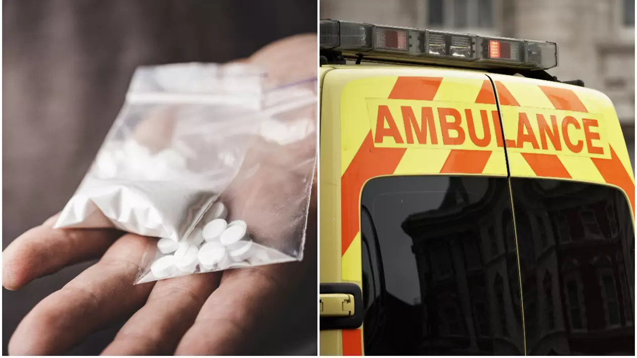 În imaginea din dreapta este ilustrat un om care ține pastile în mână, iar în partea dreaptă este o ambulanță galbenă cu roșu