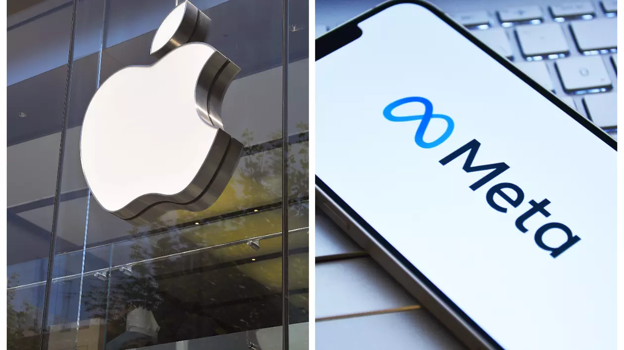 În imagine sunt ilustrate siglele Apple și Meta