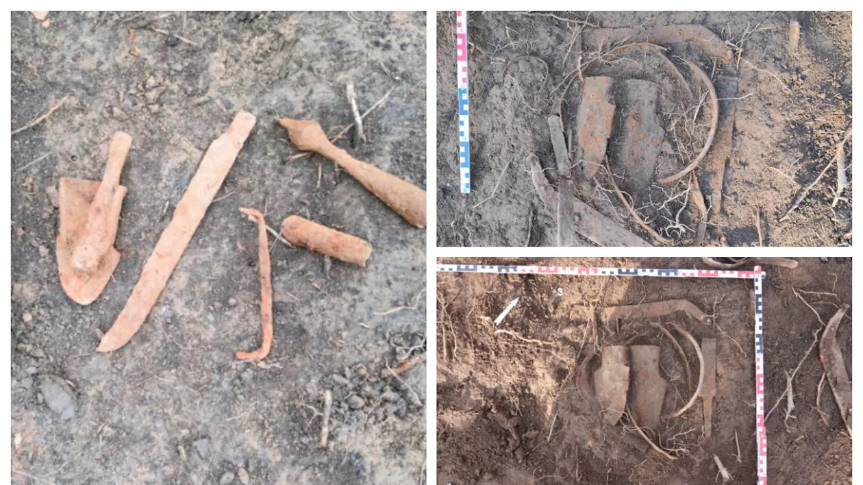 Imaginea este un colaj format din trei fotografii care surprind descoperiri arheologice – unelte și arme, depuse în sol.