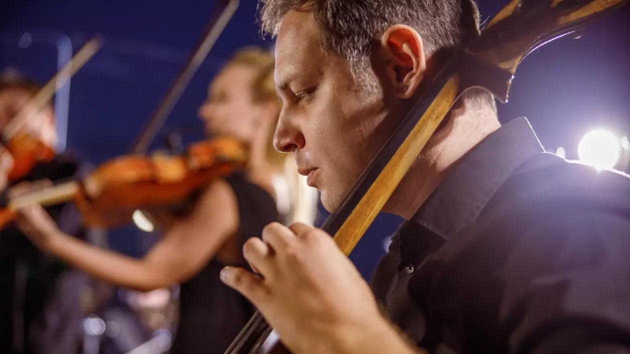 În imagine este ilustrat un bărbat îmbrăcat în cămașă neagră, care cântă la violoncel. În fundal este o femeie în rochie neagră, care cântă la violoncel.