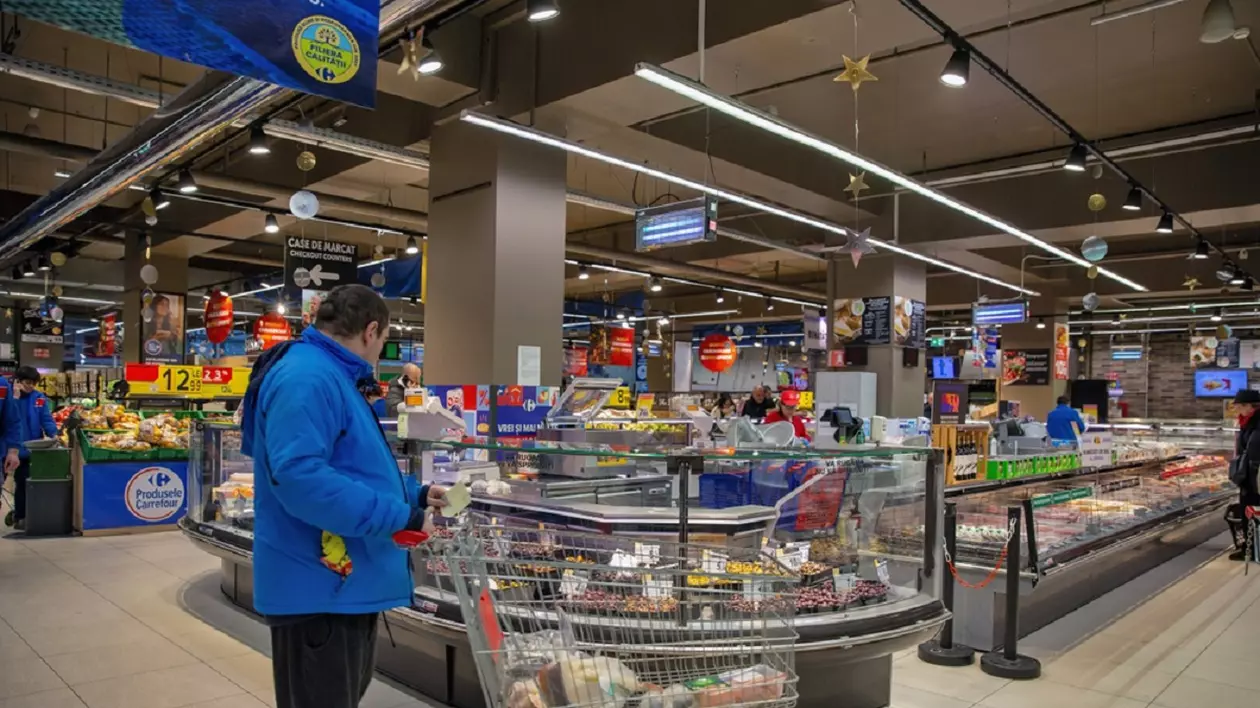 Program Carrefour de Paşte 2025. Când e deschis la Carrefour pe 19, 20 și 21 aprilie - Imagine cu un bărbat care priveşte produsele dintr-un raion de delicatese, într-un magazin Carrefour