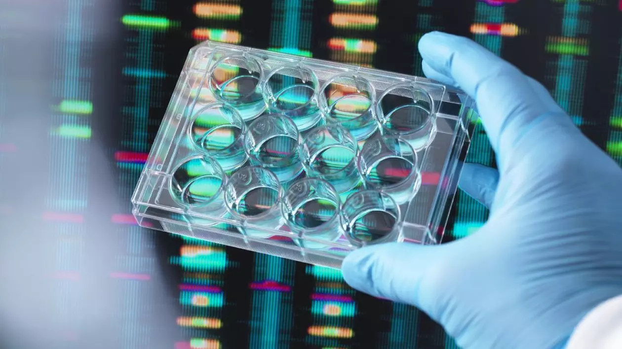 Cercetare ADN, om de știință care susține o placă cu mai multe godeuri care conține mostre de ADN cu rezultate pe ecranul computerului