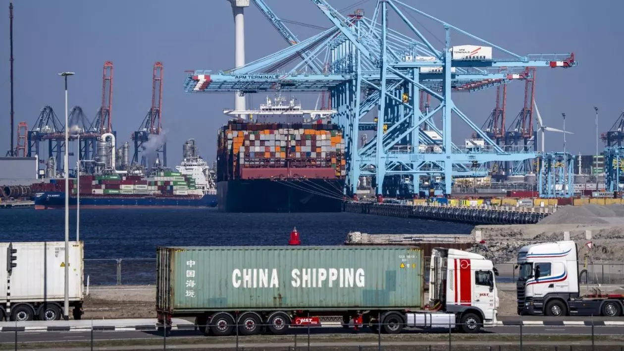 Terminalul de containere APM, unde transportul de containere este încărcat și descărcat, în portul maritim Rotterdam