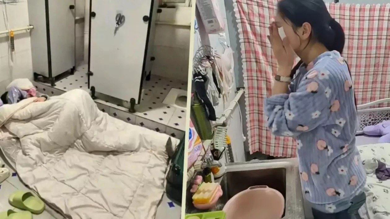 Toaleta cu 2 WC turcești în care locuiește chinezoaica și patul improvizat în care tânăra doarme. Femeia și-a acoperit fața cu un șervețel