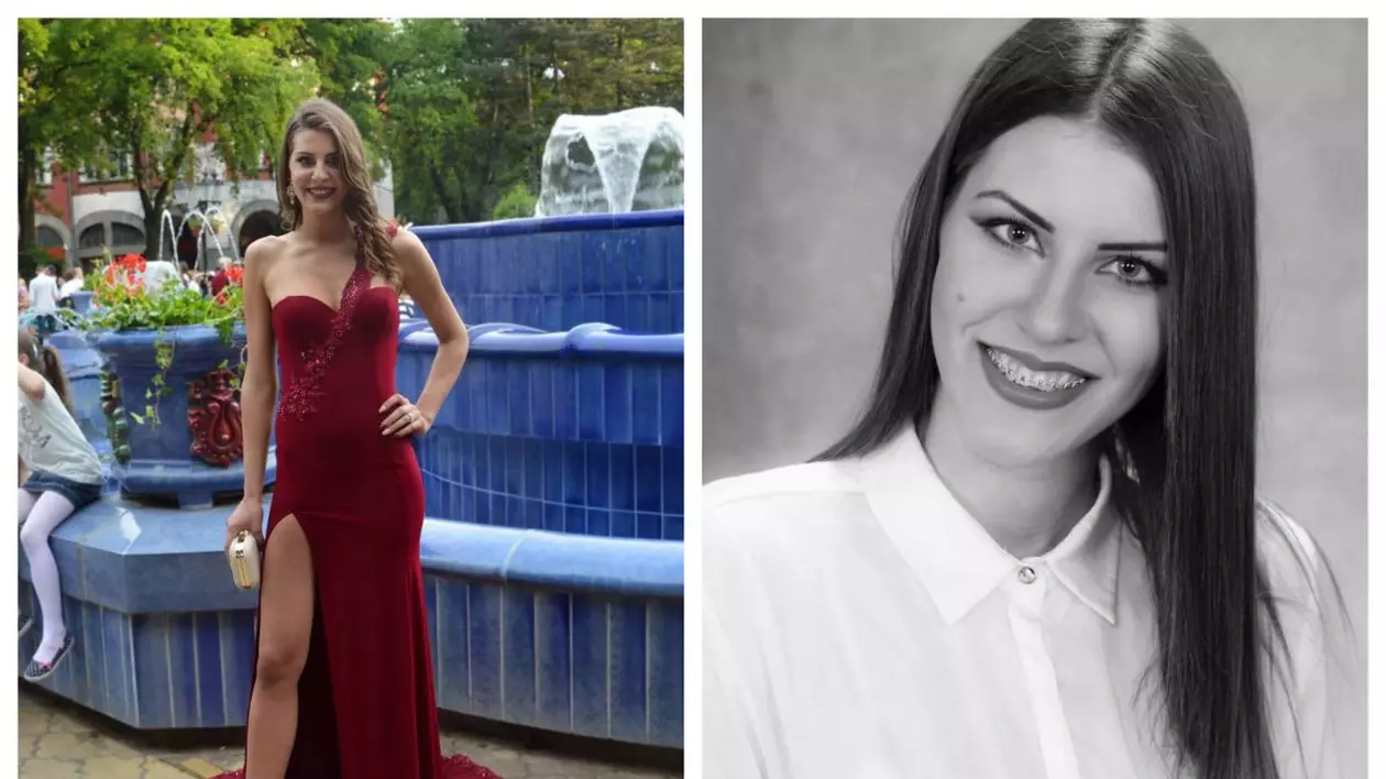 Colaj fotografii Amadea Sic, fată care a trecut prin două transplanturi de plămâni și a supraviețuit. În stânga, poartă o rochie roșie lungă, în dreapta este o imagine alb-negru dintr-un album.
