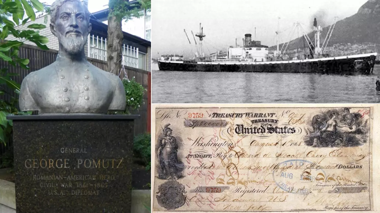 Colaj format din bustul generalului George Pomuț, Nava construită din donațiile comunității românești din America, denumită după numele eroului de origine română, nava G. Pomutz, Cecul prin care SUA a plătit Rusiei banii pentru Peninsula Alaska