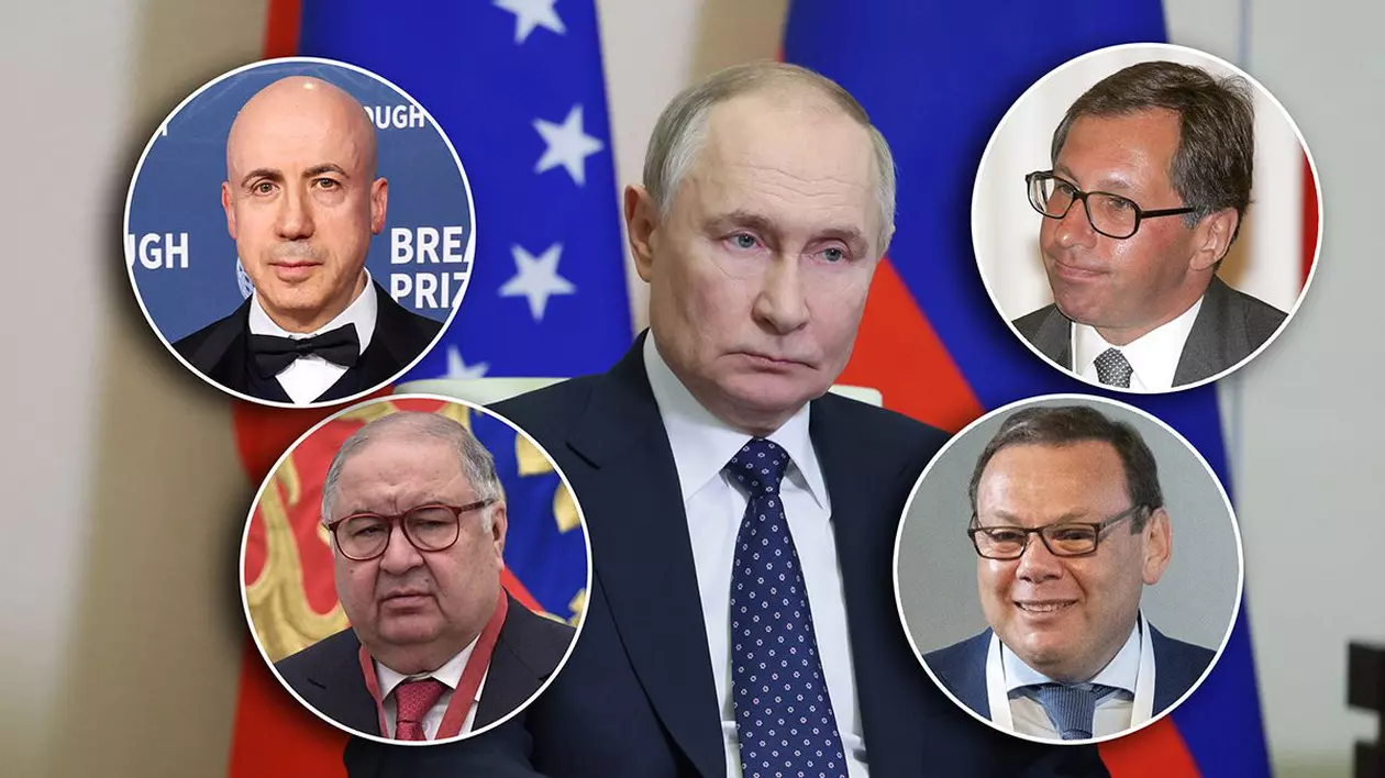 Colaj Vladimir Putin in centru, Yuri Milner, Alisher Usmanov, Mikhail Fridman si Petr Aven. pe fundal se vede steagul sua si cel al rusiei