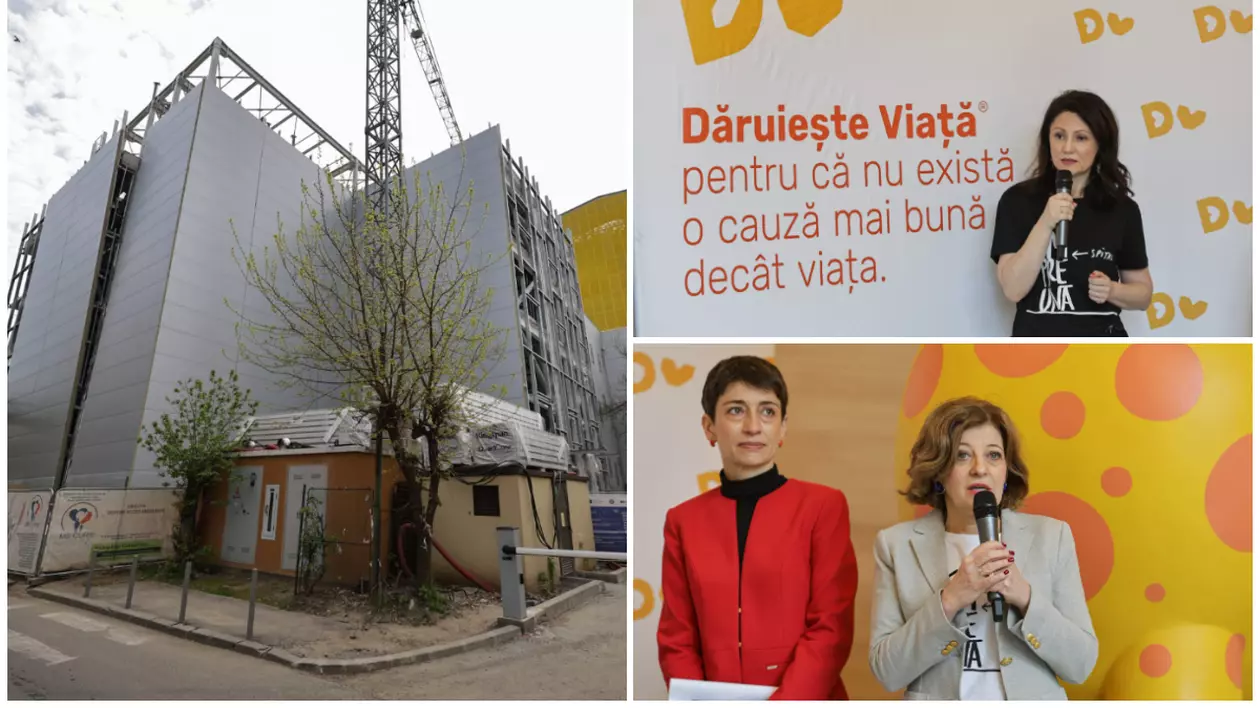 În imaginea din dreapta sus este Carmen Uscatu, în tricou negru, în timp ce vorbește la microfon. În imaginea din dreapta jos este Oana Gheorghiu, în sacou bej și tricou alb, în timp ce vorbește la microfon. În imaginea din stânga este ilustrat noul spital construit de Dăruiește Viață la Marie Curie.