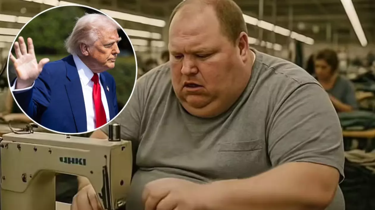 Colaj format dintr-o imagine cu un bărbat obez care lucrează la o mașină de cusut, imagine generată de Inteligența Artificială, și Donald Trump, președintele SUA