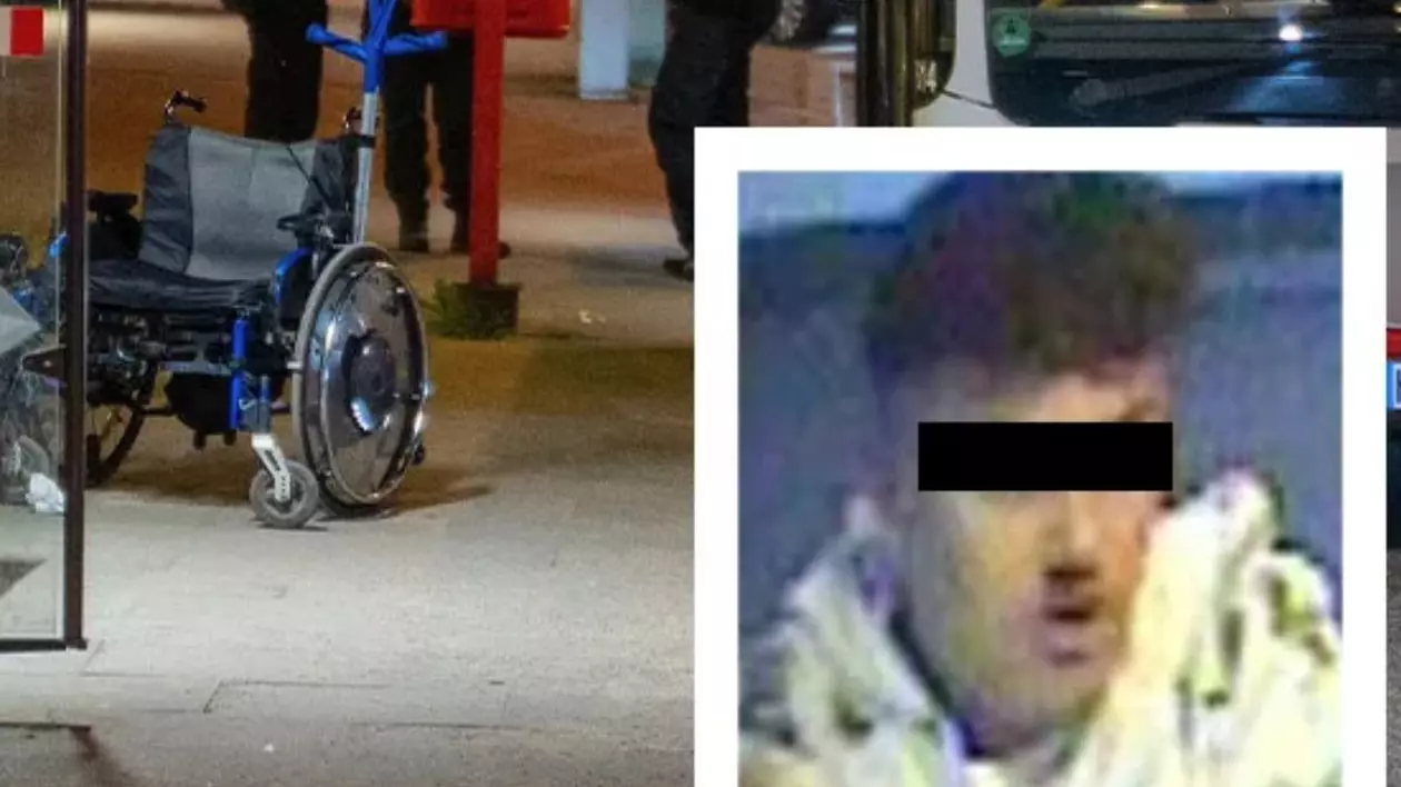 Colaj fotografii, în prim plan, dreapta jos, o fotografie o fotografie a unui bărbat cu hanorac deschis la culoare si cu bandă neagră pe ochi, in fundar p imagine de noapte cu un scaun cu rotile gol si piciaore de oameni
