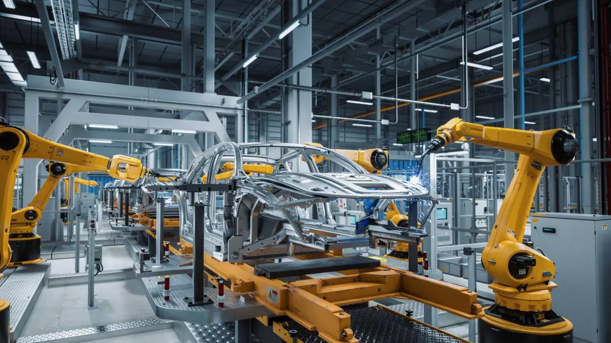 Fabrică de automobile, unde mai mulți roboți industriali lucrează la asamblarea mai multor mașini