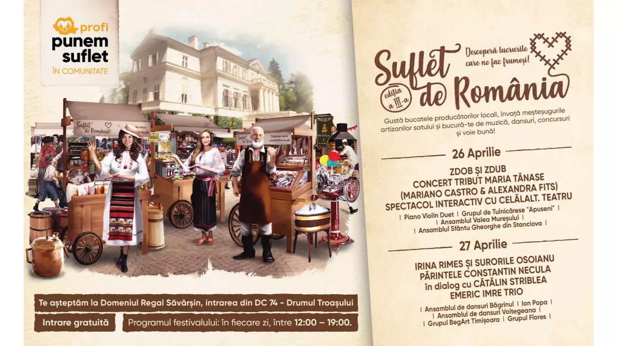 Afis festival Suflet de România. Pe partea stanga sunt persoanje desenate imbracate in costume populare aflate intr-un targ. Pe partea stanga este enuntat programul pe zile