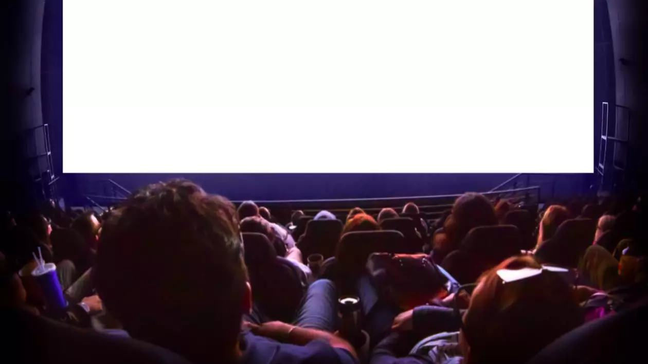 mai multe persoane intr-o sala de cinema, in fata este un ecran mare cu o imagine alba