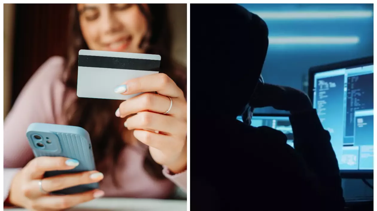 În partea stângă se vede o femeie tânără, care zâmbește. Ea ține un card bancar în mână și folosește un telefon. În partea dreaptă apare un hacker îmbrăcat în hanorac cu glugă, lucrând la un computer.