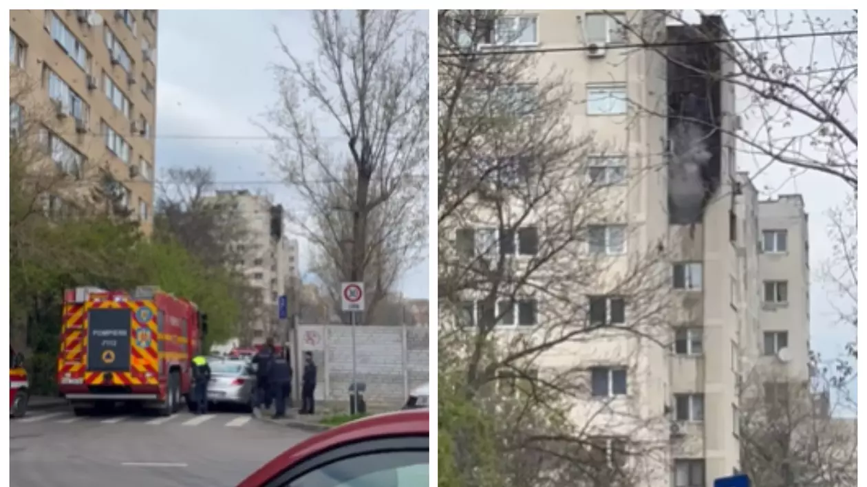 În stânga, se vede o stradă pe care este parcată o autospecială de pompieri (cu inscripția „POMPIERII” și însemnele IGSU), înconjurată de mai mulți polițiști și persoane civile. În fundal se observă blocul afectat, iar partea superioară a acestuia este vizibil afectată de fum sau ardere. În dreapta, este un cadru mai apropiat cu partea de sus a clădirii.