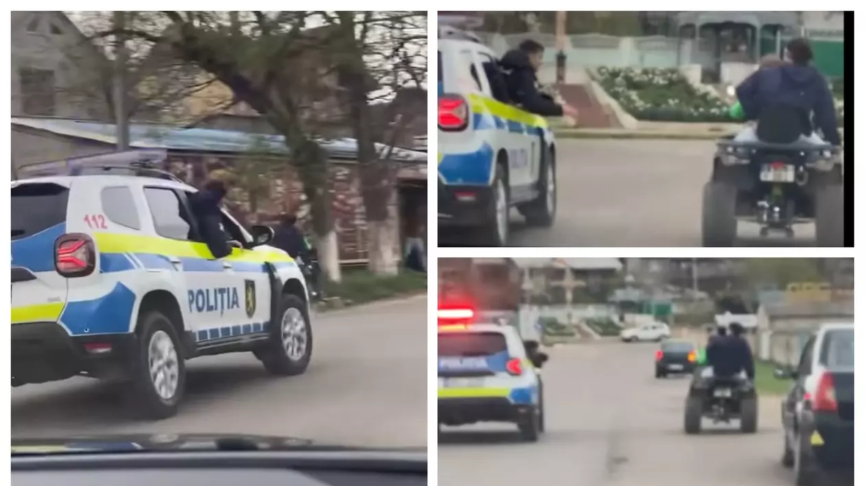 În imagine este o mașină de poliție care urmărește un ATV aflat în mișcare