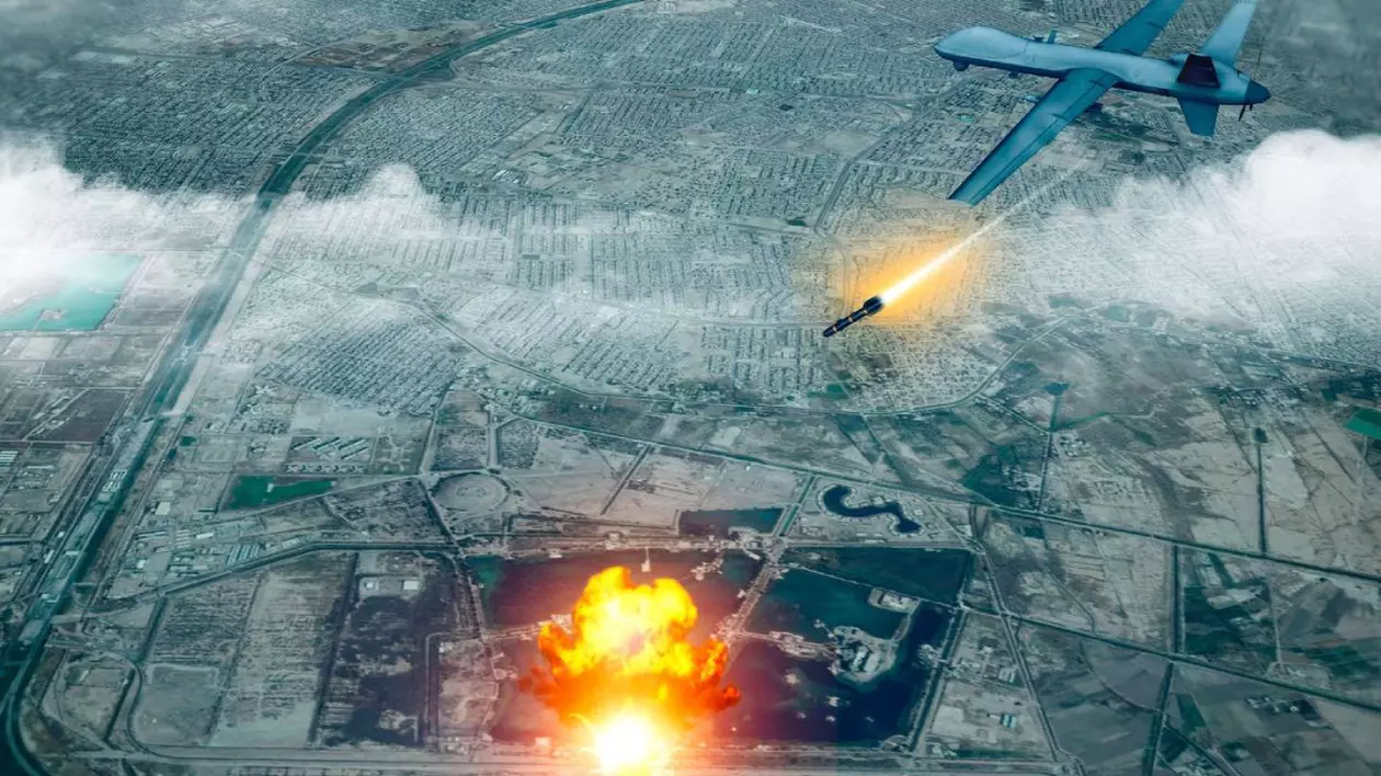 avion lansează o bombă care se loveste de pământ si explodează