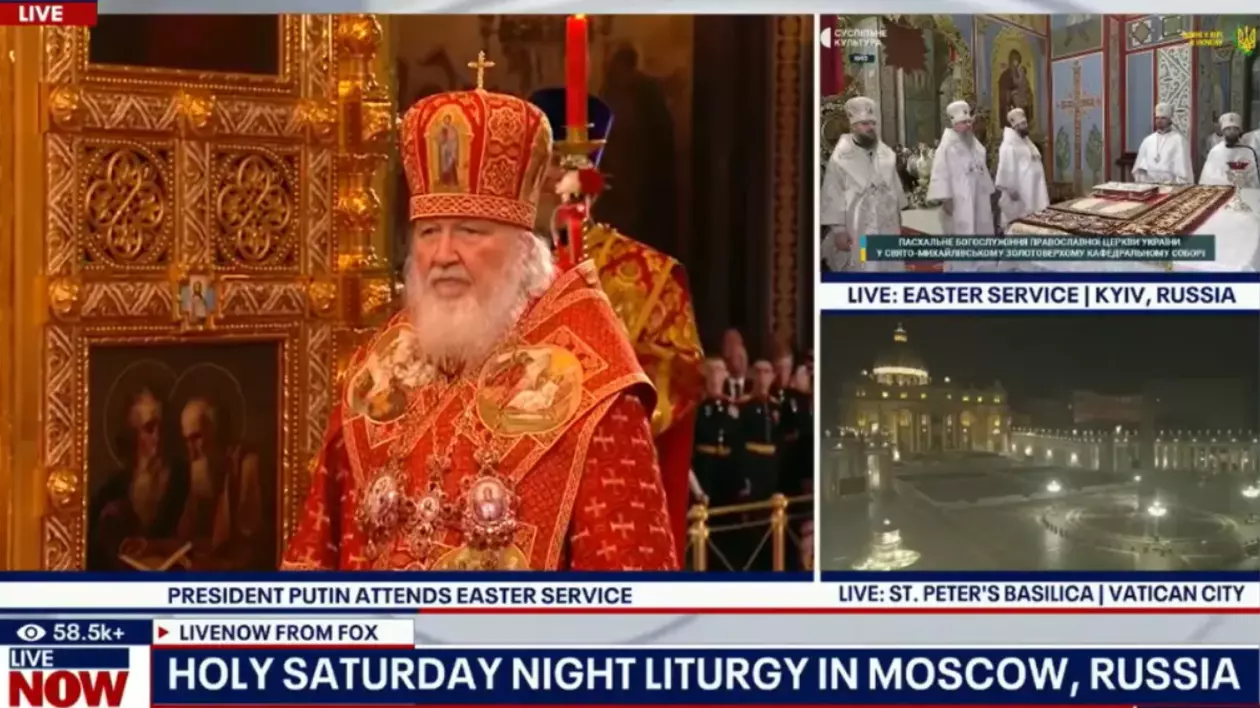 Imaginea este un colaj de transmisii în direct realizat de Fox News în timpul slujbelor de Paște din lume. În colțul din dreapta sus, este transmisă o slujbă religioasă din capitala Ucrainei, însă subtitrarea de pe ecran indică greșit: „LIVE: EASTER SERVICE | KYIV, RUSSIA”, fiind asociat în mod eronat Kievul cu Rusia.