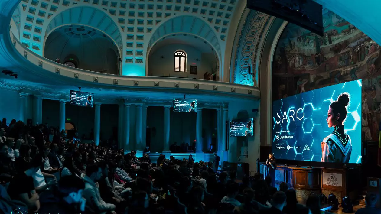 Aula Magna ASE București, în timpul evenimentului de lansare al Saro AI, un asistent virtual pentru studenții din România.