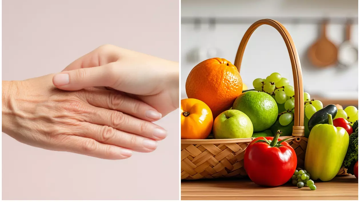 În imaginea din stânga sunt ilustrate două mâini, una dintre ele are un aspect tânăr, iar cealaltă bătrân. În poza din dreapta este ilustrat un coș cu fructe și legume