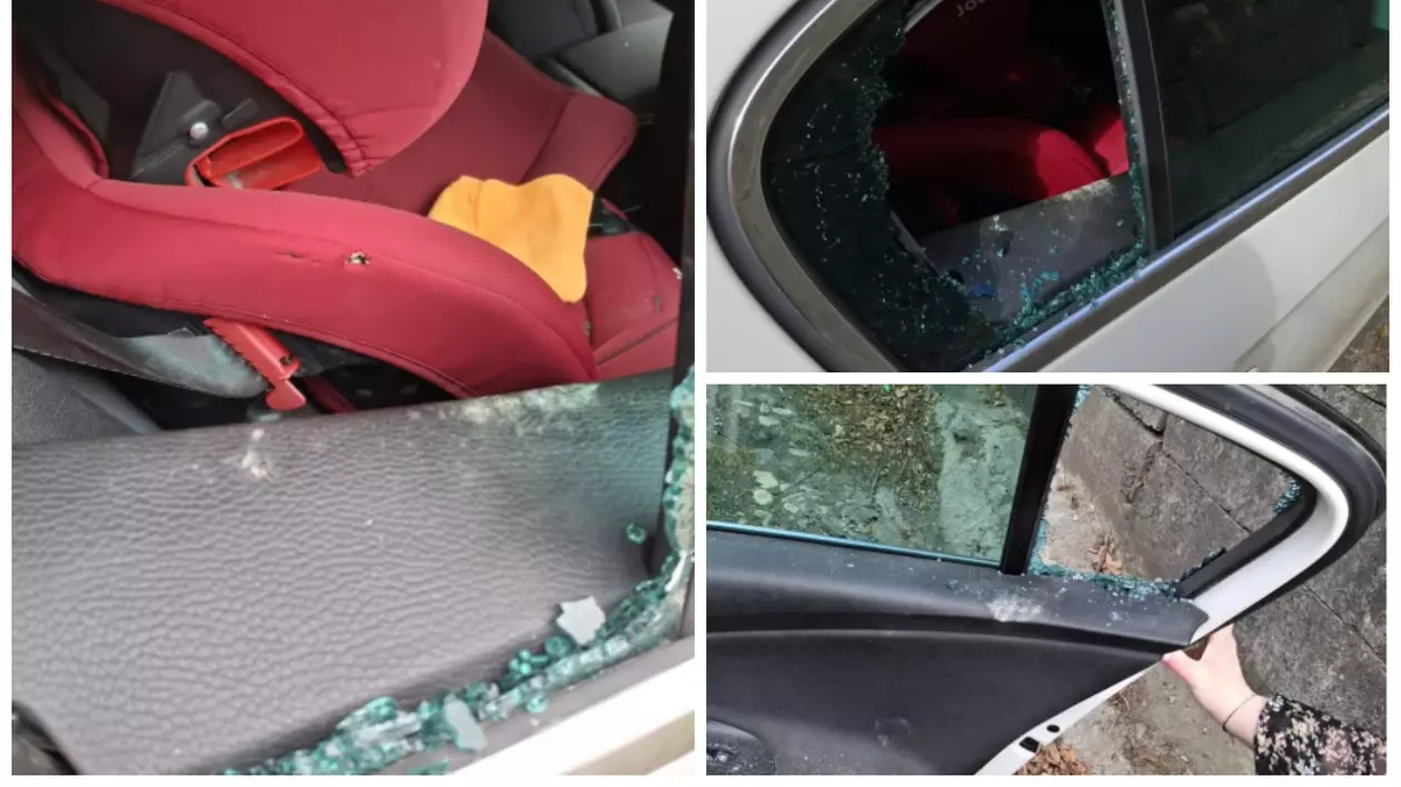 În imagine este ilustrat geamul unei mașini, care a fost spart