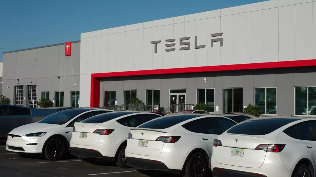mai multe masini electrice albe tesla, in fata reprezentantei auto