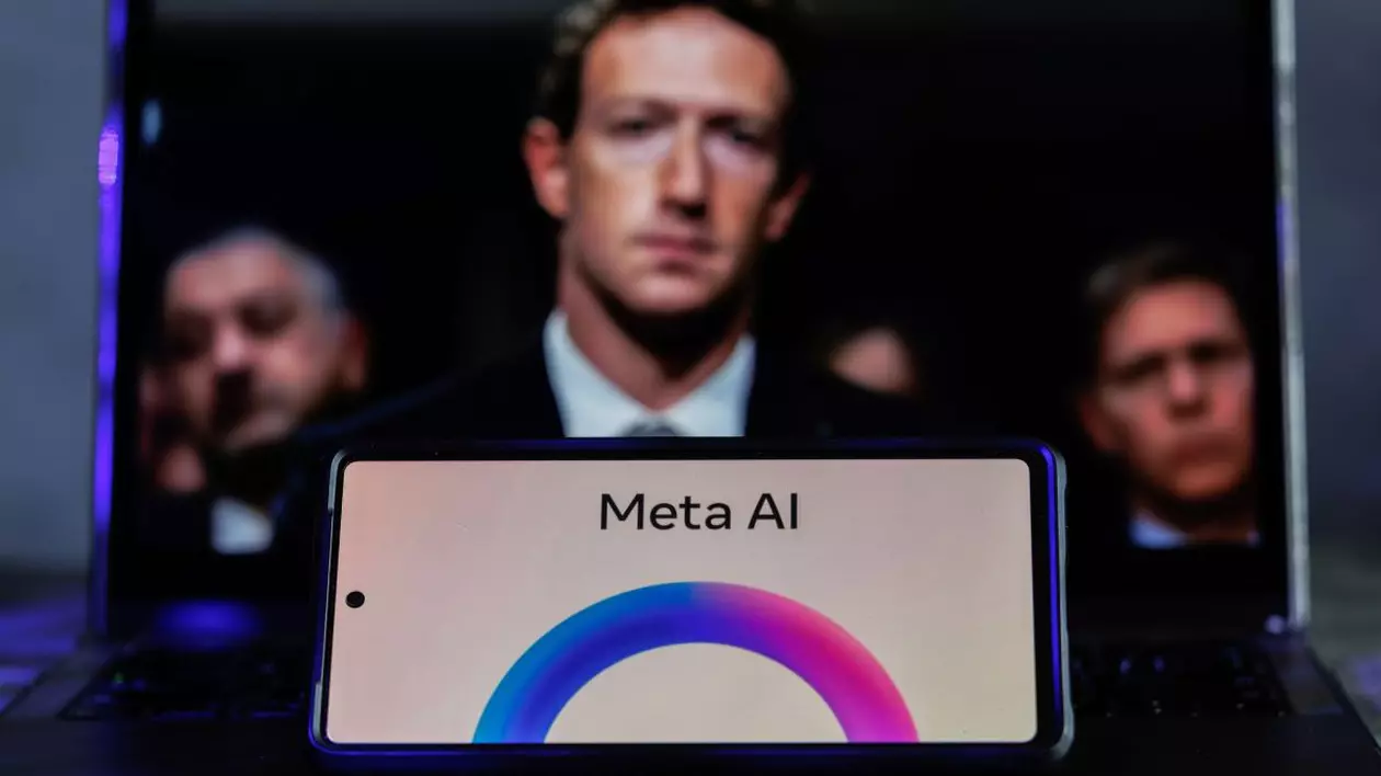 Logo-ul Meta AI, pe ecranul unui smartphone așezat în fața unui laptop pe ecranul căruia apare Mark Zuckerberg, fondatorul companiei.