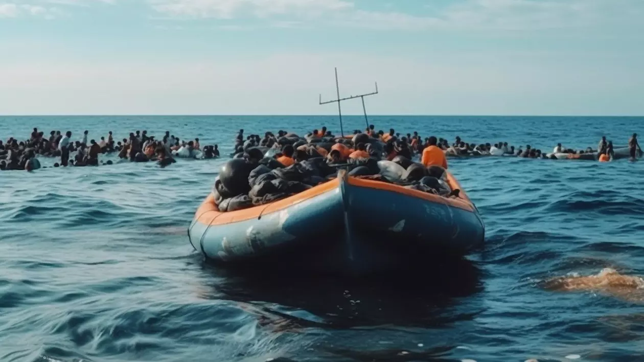 Migranți într-o barcă supraaglomerată traversează marea. În jurul bărcii sunt mai mulți migranți