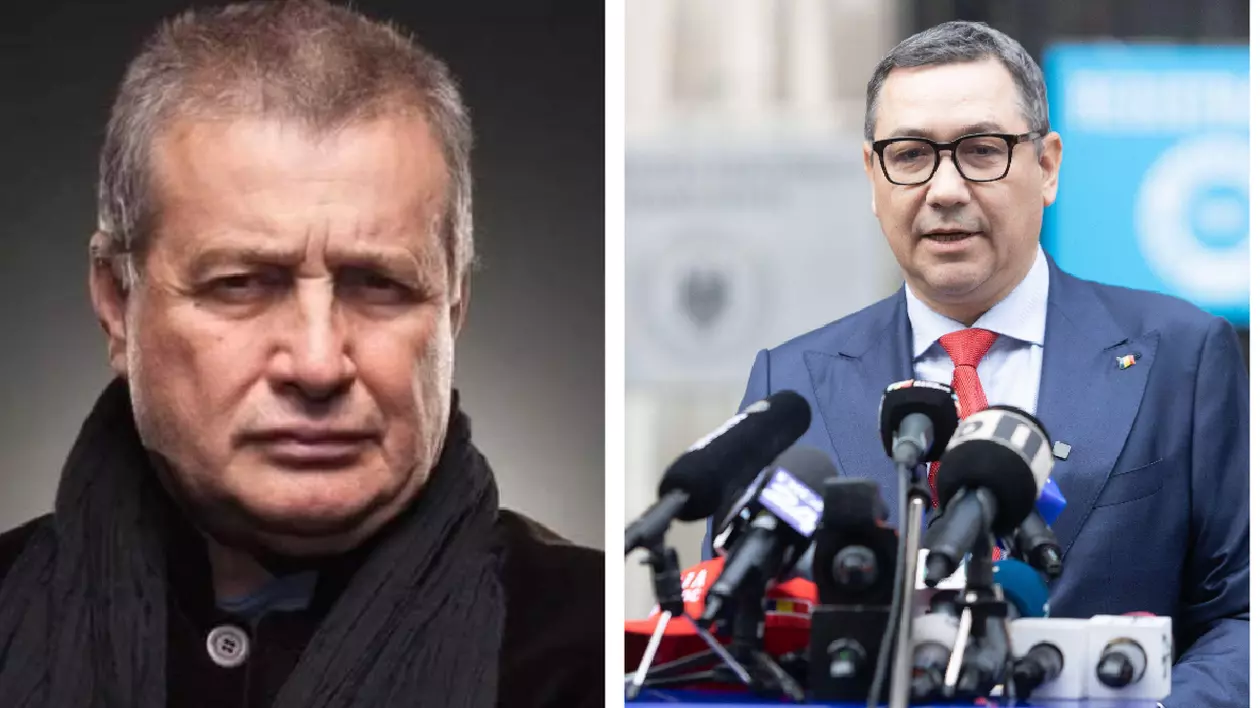 Mircea Dinescu și Victor Ponta. În poza din stanga, un barbat îmbrăcat cu un palton negru. Are parul rar, scurt si grizonat. In dreapta, un bărbat aflat la o conferinta de presa, imbracat intr un costum albastru, camasa alba si cravata rosie. In fata lui sunt mai multe microfoane