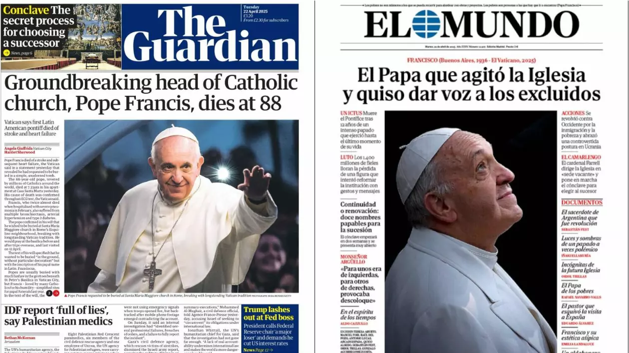 În imagine sunt ilustrate primele pagini ale ziarelor The Guardian și El Mundo, unde subiectul morții Papei Francisc este relatat