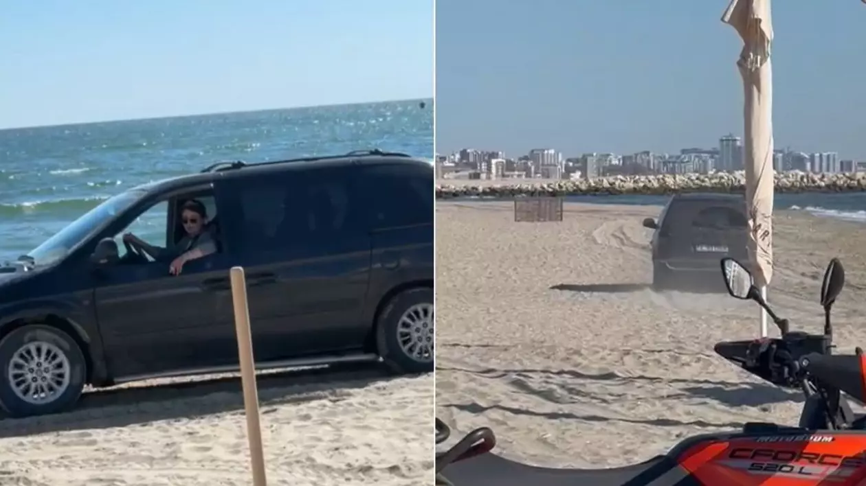 O mașina suprinsă când merge cu viteză pe o plajă din Mamaia