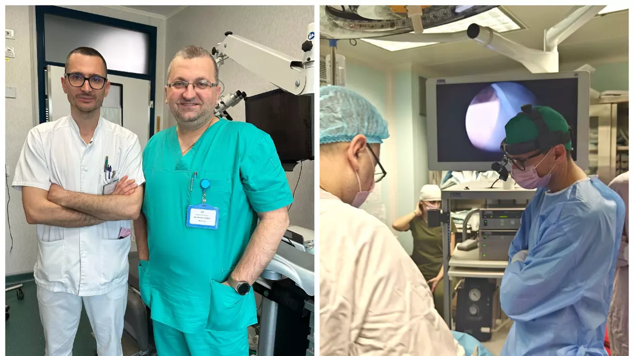 În imagine sunt ilustrați doi doctori îmbrăcați în echipament medical, unul dintre ei în alb, iar celălalt în turcoaz. În partea dreaptă sunt doctorii care se află în timpul unei operații.