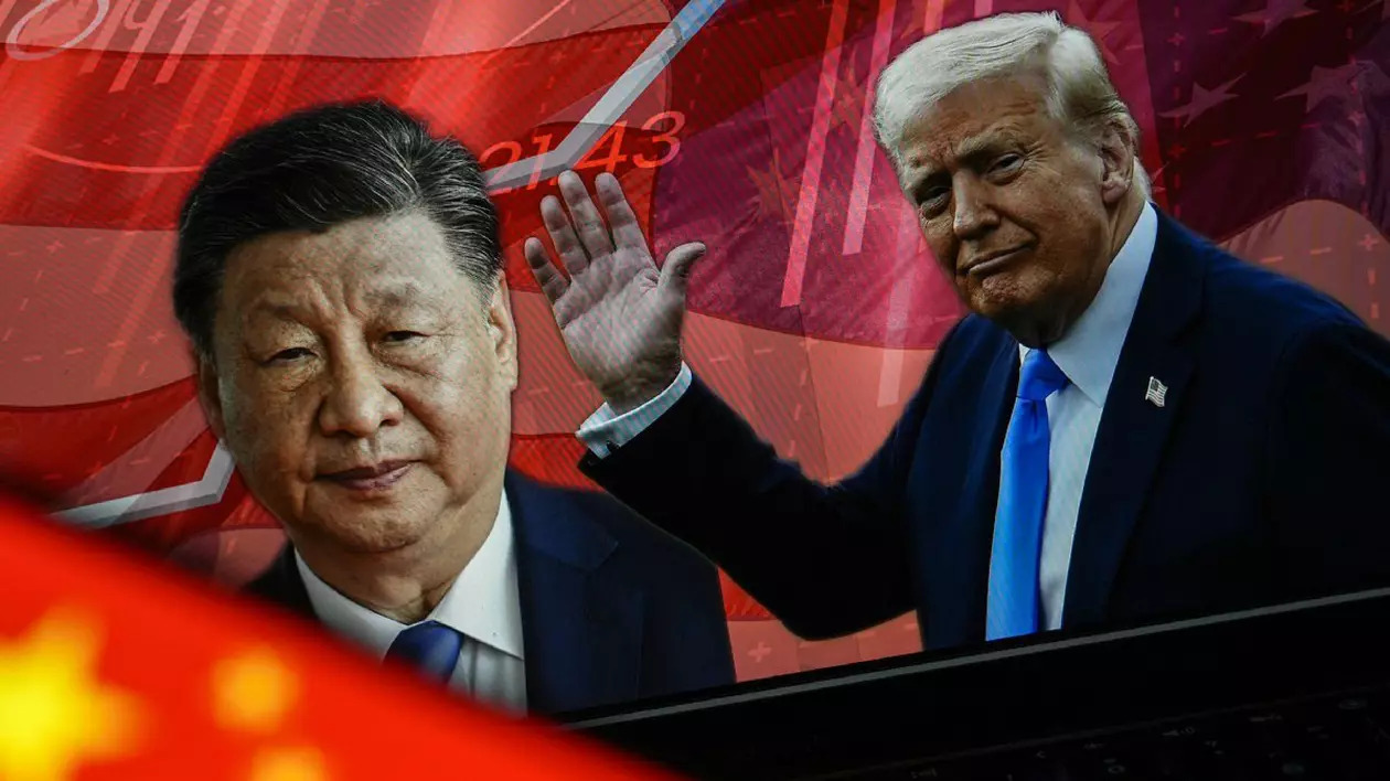 În această ilustrație foto, portretele președintelui american Donald Trump și președintelui chinez Xi Jinping sunt afișate pe un ecran de computer, în timp ce steagul chinez este văzut în Ankara, Turkiye pe 10 aprilie 2025.
