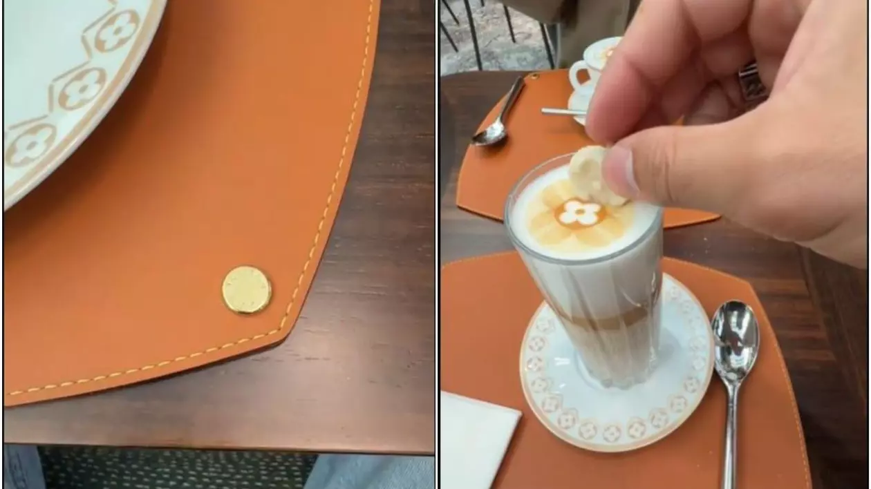 Un român care bea cafea la cafeneaua Louis Vuitton din Milano, unde totul este inscripționat cu aceste semne