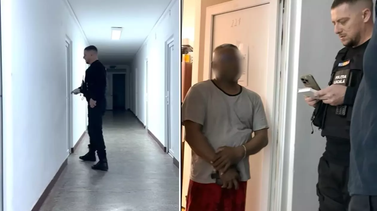 politie pe hol intr-un bloc, bate la usi și pune intrebari locatarilor