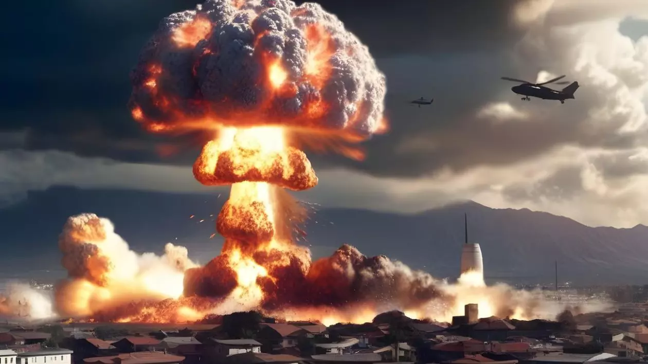 armată în scena rachetelor de război creând o explozie nucleară care distruge un întreg oraș