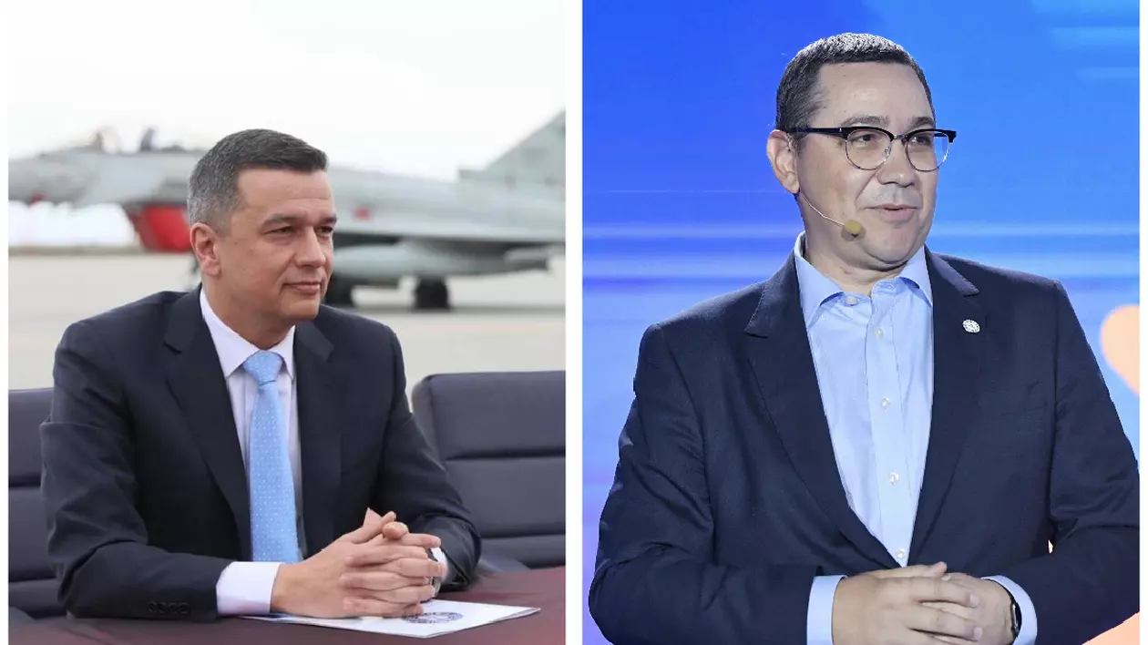 Sorin Grindeanu și Victor Ponta, ambii îmbrăcați în costume negre, cu cămăși albe și cravate albastru deschis.
