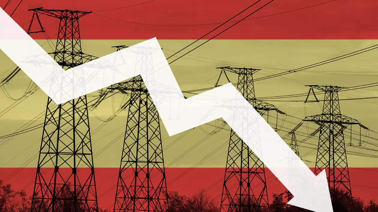 Patru stâlpi de energie electrică pe un câmp, cu steagul Spaniei ca fundal și o săgeată îndreptată în jos.
