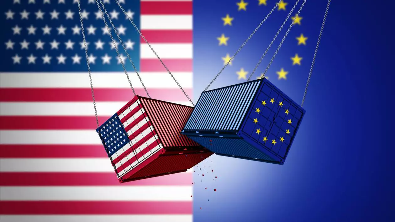 imagine sugestiva cu steagul statelor unite ale americii si cel al uniunii europene