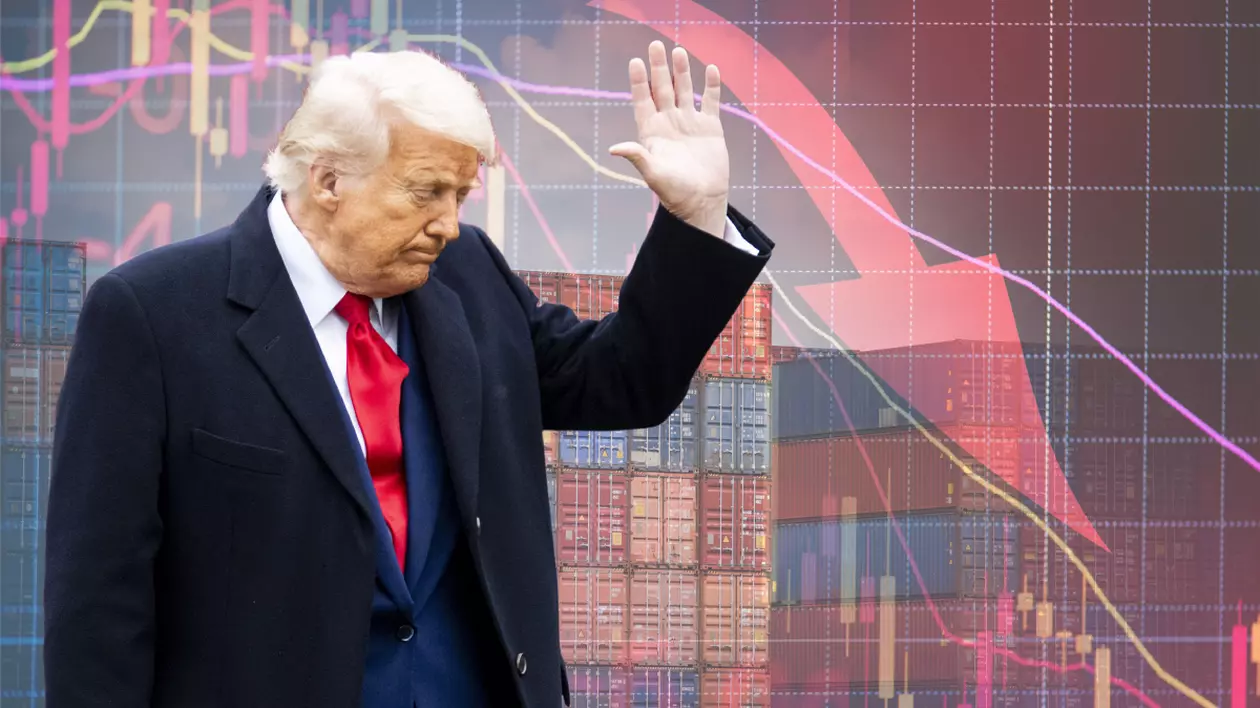 Donald Trump, îmbrăcat într-un costum albastru închis, cu cămașă albă și cravată roșie. Ține o mână ridicată în sus și capul plecat. Pe fundal sunt mai multe containere colorate și un grafic cu o săgeată roșie care arată în jos.