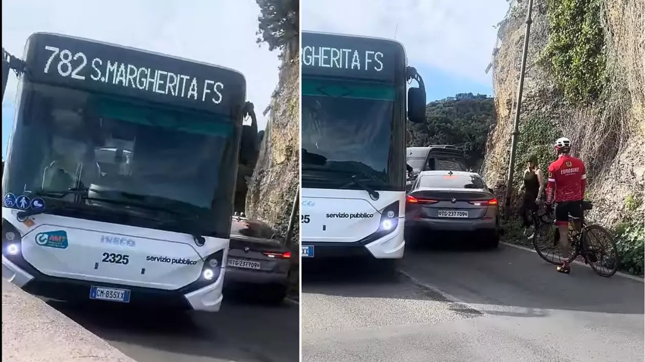 Un BMW rămâne blocat pe un drum îngust în Portofino