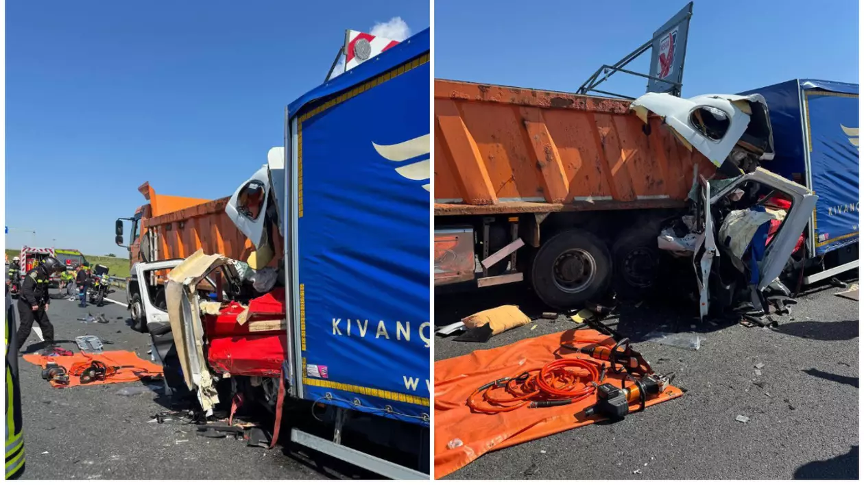 Imaginile surprind urmările unui accident pe autostrada A1, în care o autoutilitară a intrat într-un camion încărcat cu pietriș. Cabina autoutilitarei este complet distrusă, iar echipamentele de descarcerare sunt vizibile pe carosabil,